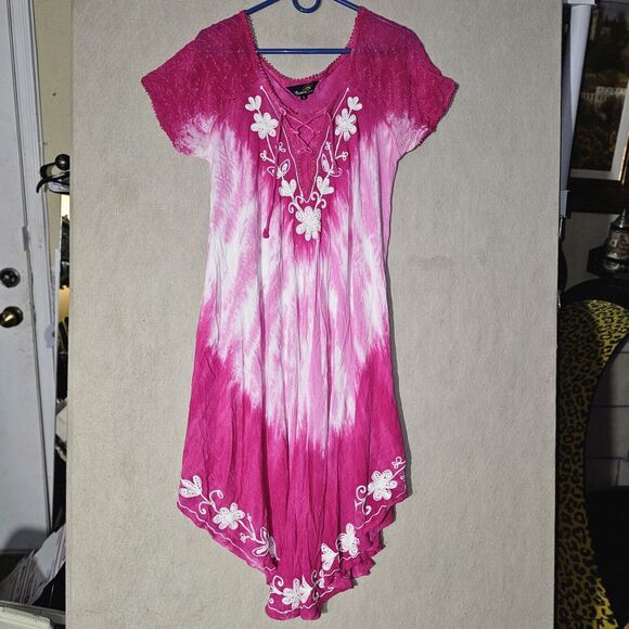 Riviera Sun Pink Tie Dye Midi Dress Size L Beachy Boho Fairy Vacation Loungewear - Picture 2 of 13